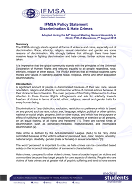 IFMSA Policy Statement Discrimination & Hate Crimes