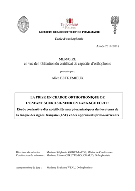 MEMOIRE En Vue De L'obtention Du Certificat De Capacité D'orthophonie