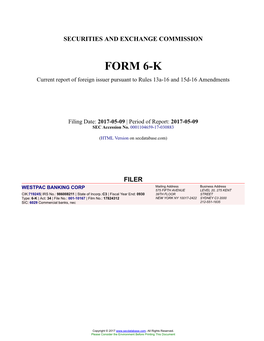 WESTPAC BANKING CORP Form 6-K Current Report Filed 2017-05-09