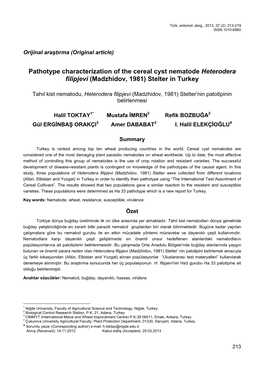 Pathotype Characterization of the Cereal Cyst Nematode Heterodera Filipjevi (Madzhidov, 1981) Stelter in Turkey