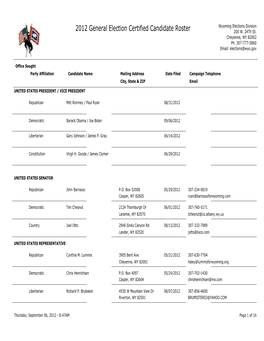 2012 General Election Certified Candidate Roster 200 W