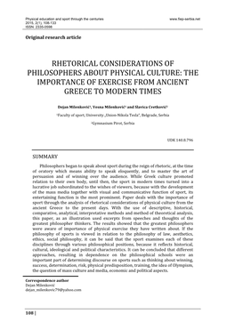 Rhetorical Considerations of Philosophers About Physical Culture: the Importance of Exercise from Ancient Greece to Modern Times