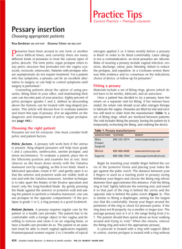 Practice Tips Current Practice • Pratique Courante Pessary Insertion Choosing Appropriate Patients