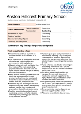 Anston Hillcrest Primary School Hawthorne Avenue, South Anston, Sheffield, South Yorkshire, S25 5GR