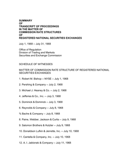 Summary of Transcript of Proceedings in the Matter of Commission Rate Structures of Registered National Securities Exchanges