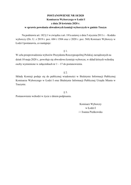 POSTANOWIENIE NR 18/2020 Komisarza Wyborczego W Łodzi I Z Dnia 20 Kwietnia 2020 R