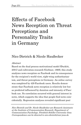 Effects of Facebook News Reception on Threat Perceptions and Personality Traits in Germany