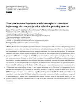 Simulated Seasonal Impact on Middle Atmospheric Ozone from High-Energy Electron Precipitation Related to Pulsating Aurorae Pekka T