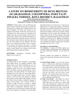 A Study on Biodiversity of Dung Beetles (Scarabaeidae: Coleoptera: Insecta)