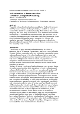 Multiculturalism Or Transculturalism: Towards a Cosmopolitan Citizenship. Donald Cuccioletta Ph.D