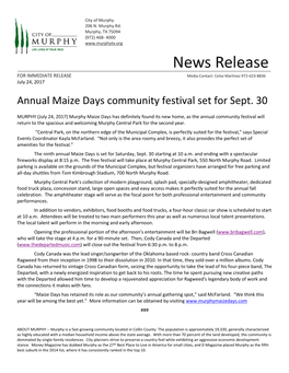 Annual Maize Days Community Festival Set for Sept. 30