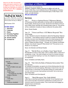 WINDOWS Services Newsletter of the First Unitarian Universalist Society of Albany Aug