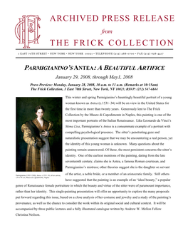 PRESS RELEASE from the FRICK COLLECTION