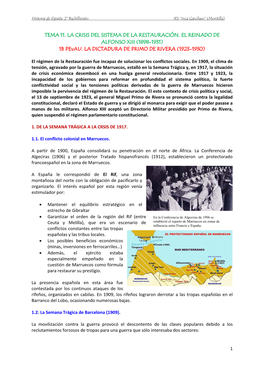 TEMA 11. LA CRISIS DEL SISTEMA DE LA RESTAURACIÓN. EL REINADO DE ALFONSO XIII (1898-1931) 1B Pevau