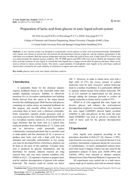 Preparation of Lactic Acid from Glucose in Ionic Liquid Solvent System