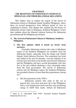 14 CHAPTER II the BEGINNING of INDONESIAN CITIZENS in MINDANAO and THEIR BILATERAL RELATIONS This Chapter Aims to Explore the Or