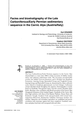 Faciès and Biostratigraphy of the Late Carboniferous/Early Permian Sedimentary Séquence in the Carnic Alps (Austria/Ltaly)