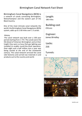 Birmingham Canal Network Fact Sheet Building Cost Locks