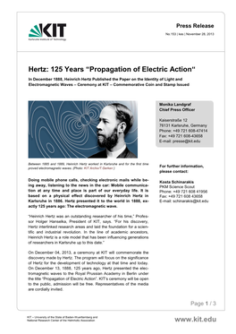 Hertz: 125 Years “Propagation of Electric Action“