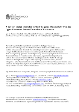 A New Soft-Shelled Trionychid Turtle of the Genus Khunnuchelys from the Upper Cretaceous Bostobe Formation of Kazakhstan