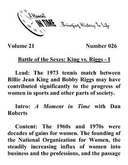 Volume 21 Number 026 Battle of the Sexes: King Vs. Riggs