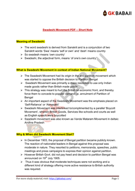 Swadeshi Movement PDF – Short Note