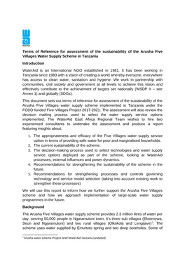 Terms of Reference for Assessment of the Sustainability of the Arusha Five