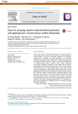 Data for Praying Mantis Mitochondrial Genomes and Phylogenetic Constructions Within Mantodea