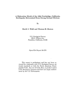 A Dislocation Model of the 1994 Northridge, California, Earthquake Determined from Strong Ground Motions