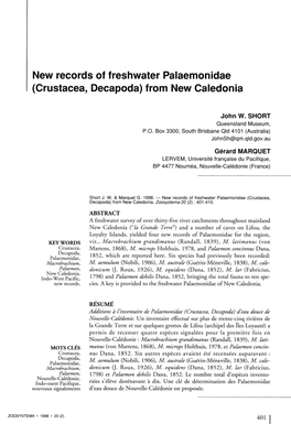 New Records of Freshwater Palaemonidae (Crustacea, Decapoda) from New Caledonia
