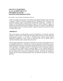 Use of Uv Radiation As an Alternative to Chlorine Gas for Wastewater Disinfection