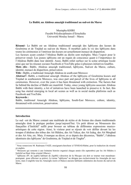 Le Bahbi, Un Ahidous Amazigh Traditionnel Au Sud-Est Du Maroc Mustapha KHIRI Faculté Polydisciplinaire D'errachidia Universit