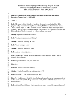 Flint Hills Ranching Impact Oral History Project, Phase I Partially Funded by the Kansas Humanities Council Mcclintock Interview, April 2007, Final