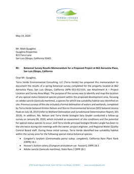 Botanical Survey Results Memorandum for a Proposed Project at 862 Aerovista Place, San Luis Obispo, California