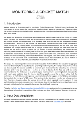 MONITORING a CRICKET MATCH IIT Madras April 3, 2016