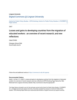 Losses and Gains to Developing Countries from the Migration of Educated Workers : an Overview of Recent Research, and New Reflections