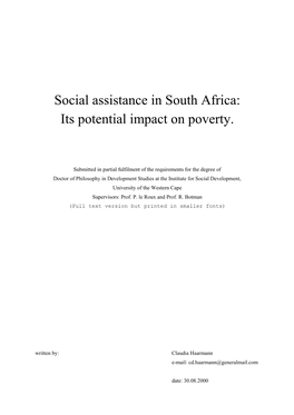 Social Assistance in South Africa: Its Potential Impact on Poverty