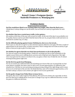 Round 2 Game 1 Postgame Quotes Nashville Predators Vs. Winnipeg Jets