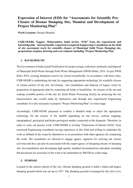 Assessments for Scientific Pre- Closure of Deonar Dumping Site, Mumbai and Development of Project Monitoring Plan”