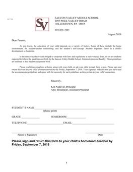 Please Sign and Return This Form to Your Child's Homeroom Teacher By