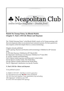 Walsh No Trump Notes, by Rhoda Walsh. Chapter V. Part I. 1NT-2♠: Minor Suit Stayman