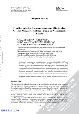 Drinking Alcohol Surrogates Among Clients of an Alcohol-Misuser Treatment Clinic in Novosibirsk, Russia