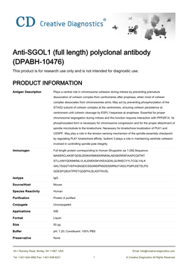 Anti-SGOL1 (Full Length) Polyclonal Antibody (DPABH-10476) This Product Is for Research Use Only and Is Not Intended for Diagnostic Use