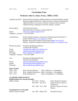 Curriculum Vitae Professor Alan G. Jones, P.Geo., MRIA