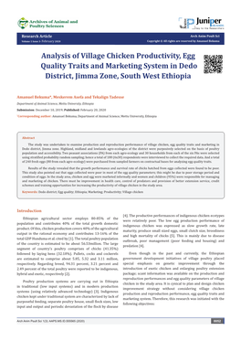 Analysis of Village Chicken Productivity, Egg Quality Traits and Marketing System in Dedo District, Jimma Zone, South West Ethiopia