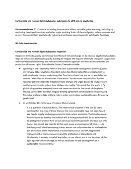 Earthjustice and Human Rights Advocates Submission to UPR-Info Re Seychelles Recommendation 77. Continue Its Leading Internation