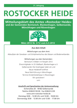 Mitteilungsblatt Des Amtes »Rostocker Heide« Und Der Gemeinden Bentwisch, Blankenhagen, Gelbensande, Mönchhagen Und Rövershagen