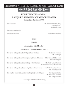 PROGRAMME FOURTEENTH Annual Banquet and Induction Ceremony Saturday, April 5, 2008