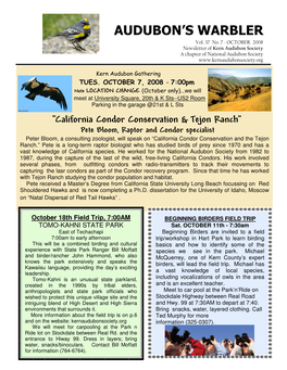 OCTOBER 2008 Newsletter of Kern Audubon Society a Chapter of National Audubon Society