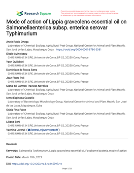 Mode of Action of Lippia Graveolens Essential Oil on Salmonellaenterica Subsp